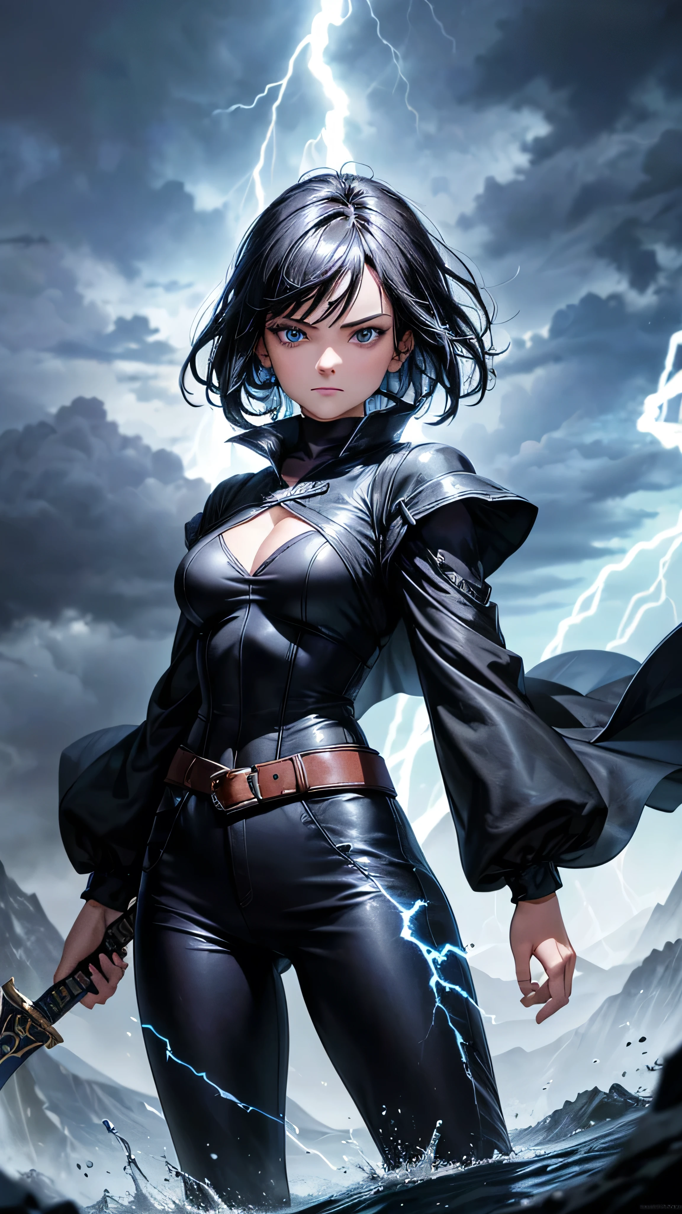 1girl, highly detailed, masterpiece, best quality, correct hands, short black hair, blue eyes, black robes, black pants, blue shirt, black vest, medium breasts, defined curves, smug look, satisfied look, mountain background, storm, lightning, holding a sword, floating, stormy atmosphere, surrounded by lightning, 