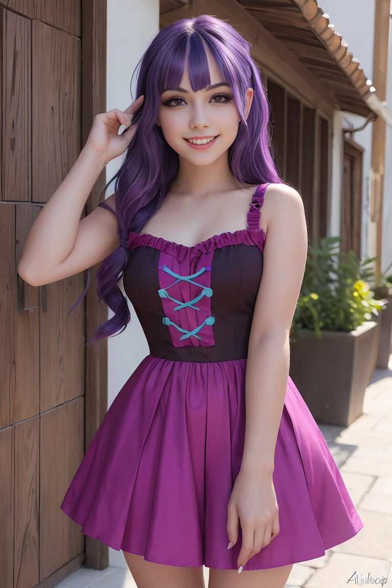 (Obra maestra, La mejor calidad:1.2), solamente, 1 chica , hermosa chica adolecente , modelo adolecente , Caucasian , mlp Sonata Dusk , senos grandes ,sonrisa presumida , maquillaje , labios rojos , vestido morado estilo rockero color morado , falda color rosa , 19 years , hermosa chica adolescente , Modelo adolescente , ojos color purpura , tienda , afiera es de noche , cabello color turqueza con mechas color morado , pelo turqueza , foto de cuerpo completo , Sonata Dusk , mlp , cabello azul turquesa , felicidad