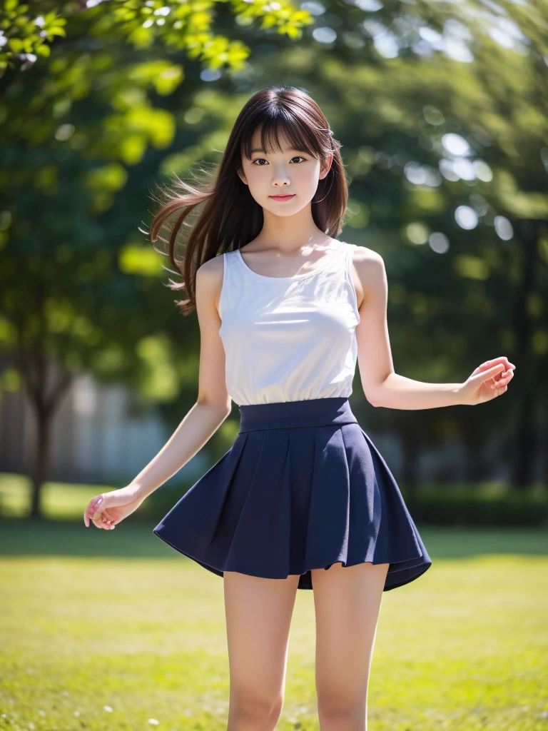 (masterpiece, highest quality:1.4), Award-winning portraits, 8k, 85mm, alone, Beautiful Face, Delicate girl,  (Cheerleader、On the grass), Sophisticated, cute, , RAW Photos, Confused, High resolution, Sharp focus, Background Blur、(((flat  、thin and delicate body、Childish atmosphere)))、shiny semi-long hair、ponytail、Mole on the left cheek、 Dark blue eyes、the skirt is swaying in the wind、Hair swaying in the wind、sexy、flexible legs、naked