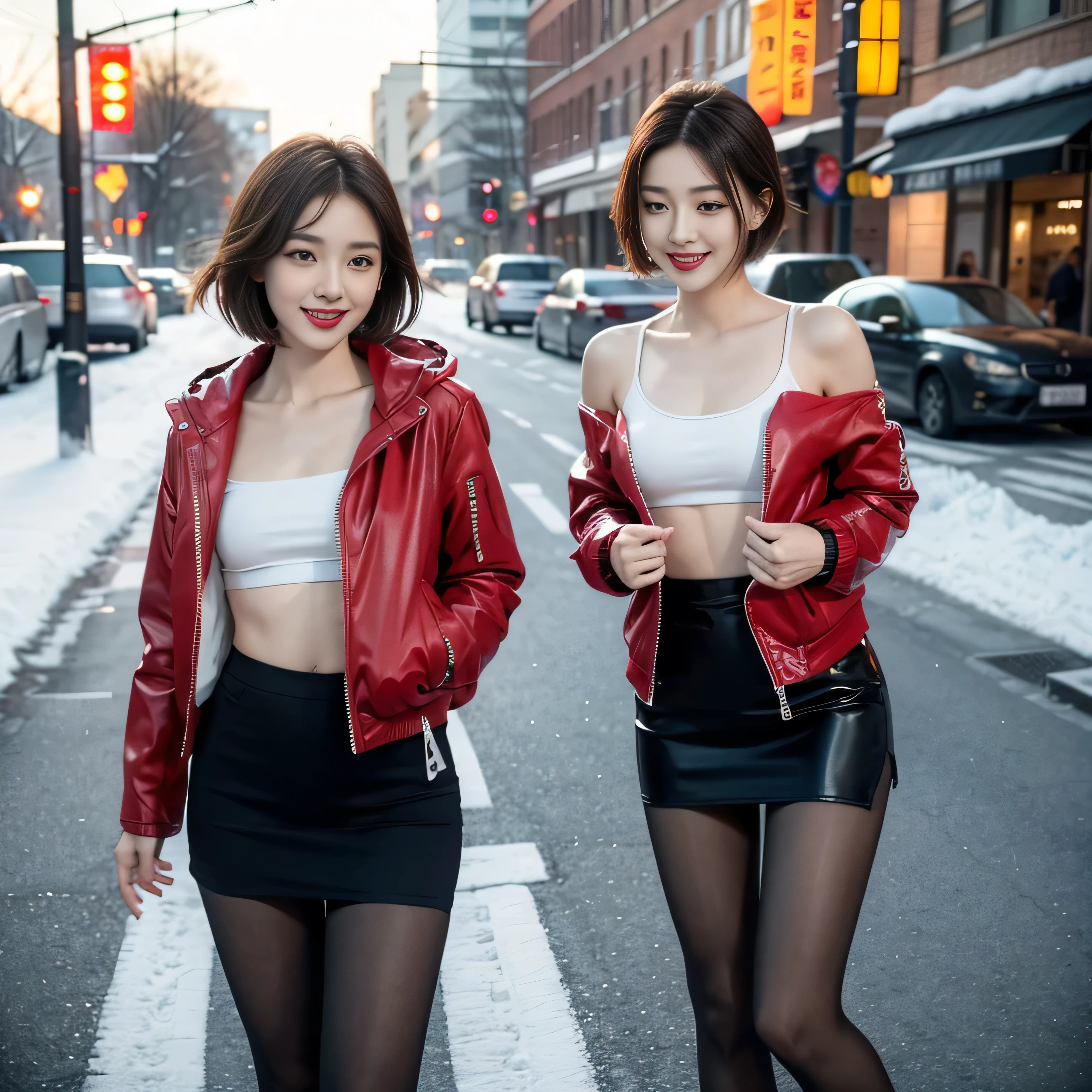 best quality, 4k, 8k, Detailed faces, clear face, pretty girls, Korean makeup, Red lips, laugh, perfect body,shoulder length straight short hair,small breasts,thigh,slim,thin, The girl wears , Underneath the jacket was a toptube and pantyhose, lower abdomen, Snowscape, winter, street,