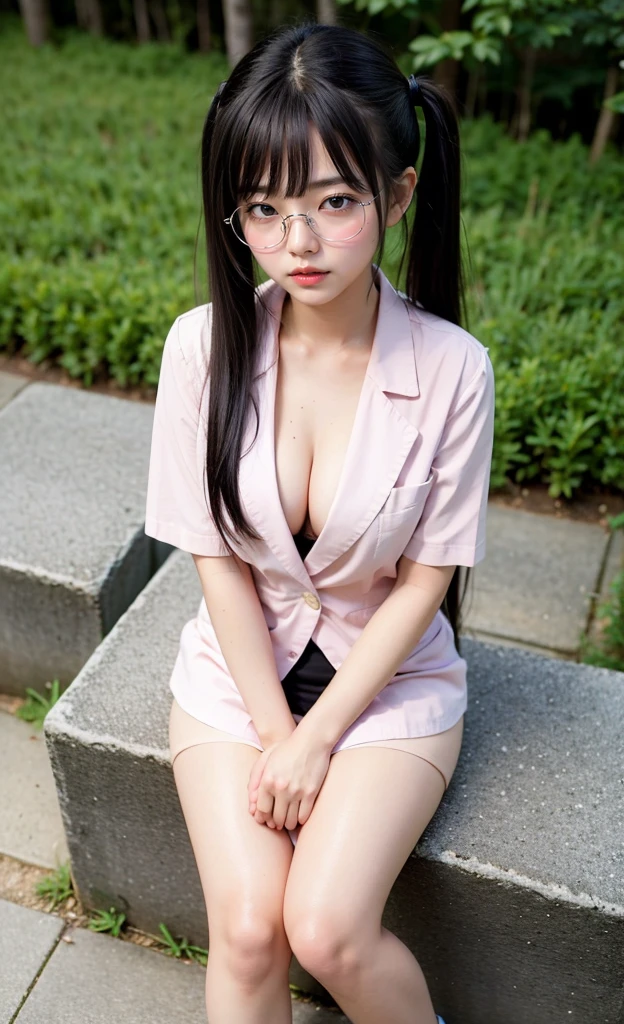 1girl, 18 years old busty woman, top view shots, eye glasses, black twintail hair, bangs, light pink blush, sitting on a big rock, dark forest, white short sleeve blazer, cleavage, big , small waist, tight mini skirt, thicc_thighs
thighs, legs, perfect fingers,