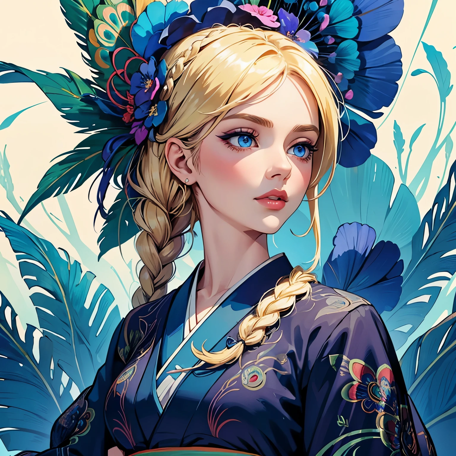 One woman, Very detailed , elegant , Vibrant colors , Lots of flowers , peacock feathers , Upper Body , goddess , Beauty , Blue Eyes , Braid , Glossy look , Trance , Blonde , kimono , Gothic decoration , race