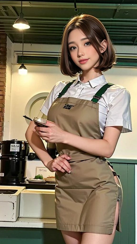 Only one female, Are standing, (Staff uniforms) (Dark green apron), /(Brown Hair/) bangs, A gentle smile with blushing cheeks, (Top quality masterpiece:1.2) Delicate illustrations with super detail, ((Big Break)),  (Cafe Shop) indoor, (((15-year-old girl, slim, Short Bob)))