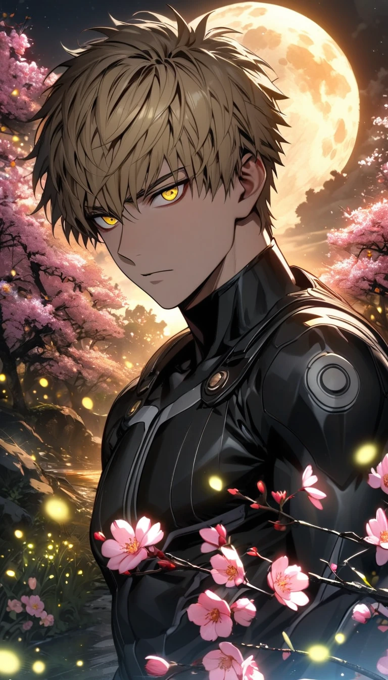 absurdres, highres, ultra detailed, HDR, master piece, best quality, Genos, expressive yellow eyes, ash-blonde hair, one punch man, solo, man, handsome, moon, fireflies, blossoms, spring, pink flowers