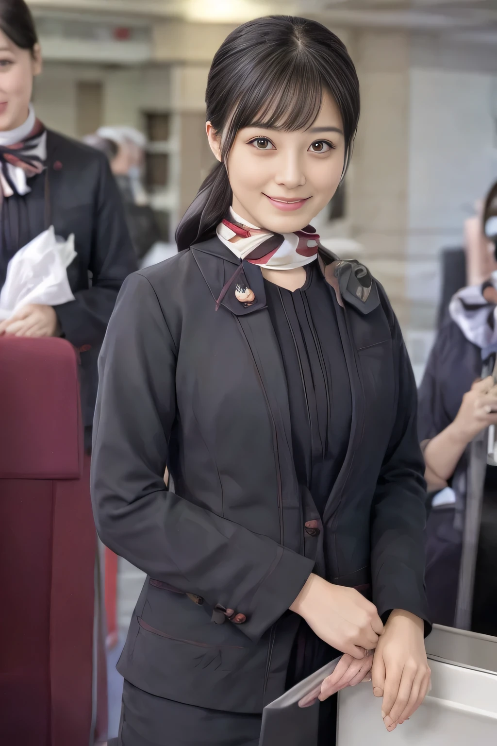 (masterpiece:1.2、highest quality:1.2)、32K HDR、High resolution、(alone、1 girl、Slim figure)、（A realistic style wearing the JAL cabincrew uniform）、 (At the airport counter, Professional Lighting)、A proper woman, Beautiful Face,、（Black JAL cabincrew uniform）、（Long sleeve JAL cabin crew uniform）、（Scarf around the neck）、Big Breasts、（Long hair updo、Chignon）、Dark brown hair、Long Shot、（（Fine hand：2.0））、（（Harmonious body proportions：1.5））、（（Normal limbs：2.0））、（（Normal finger：2.0））、（（Delicate eyes：2.0））、（（Normal eyes：2.0））)、Beautiful standing posture、smile