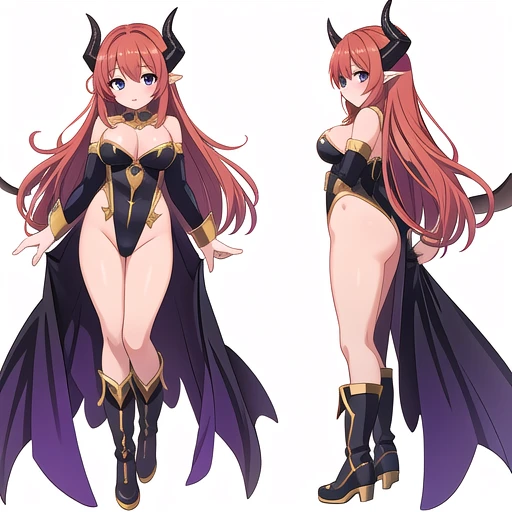 masterpiece, best quality, cute eyes, 1girl, solo, high fantasy costume, ((white background)), full body, multiple views, boots, leotard, succubus, horn,