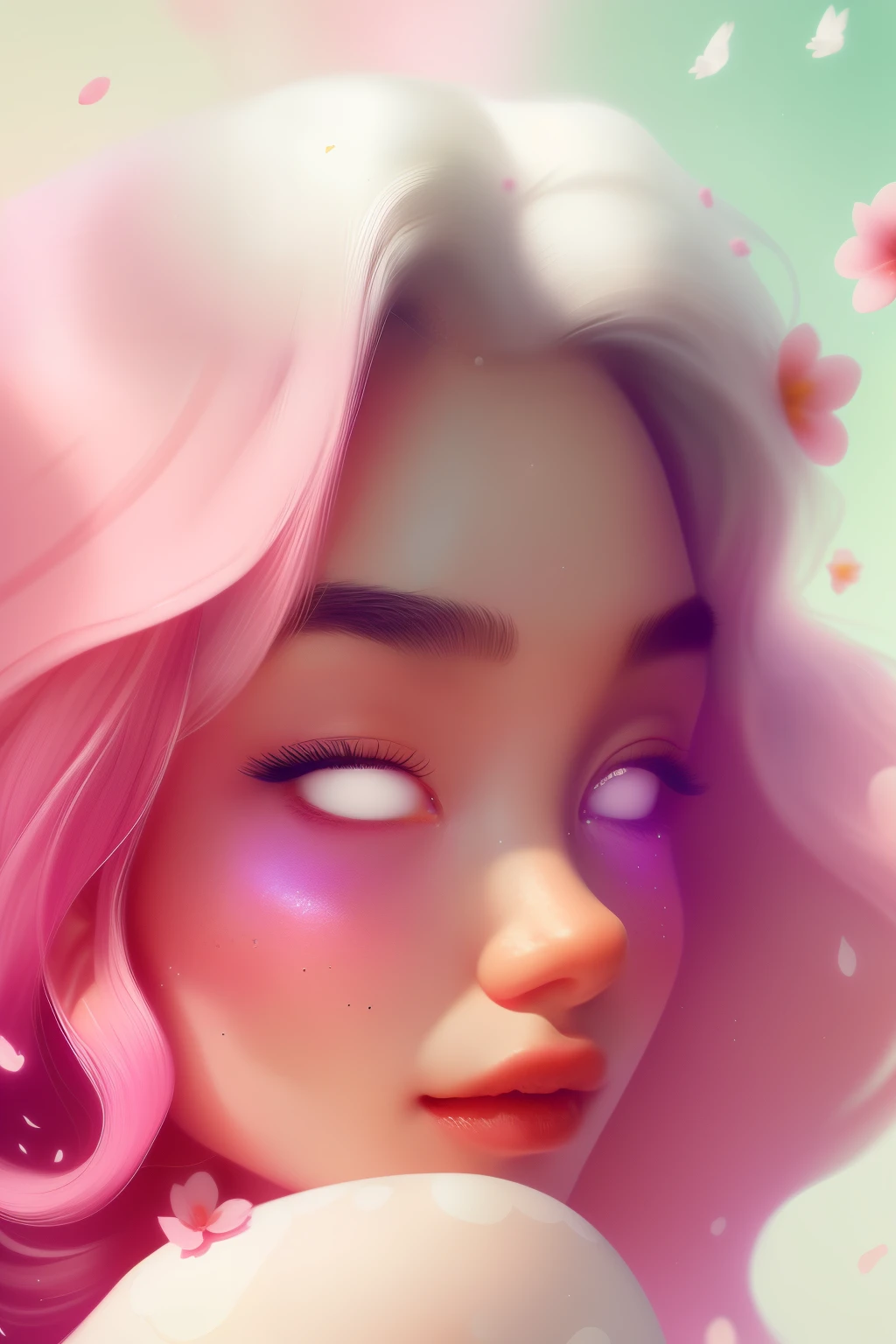 (This is a beautiful fantasy image that feels interesting and emphasizes glitter and iridescence.) Generate a ((blind)) curvy woman with colorful curly hair and milky white eyes. Her face is important and is perfectly formed with puffy lips and perfect features. (Her eyes are critically important and are (blank) and (solid white)). The image exudes ethereal beauty and soft fantasy. Include sweet and detailed birds and soft, luminous flowers. The image's background is decorated in shades of pink, shimmer, glitter, and fantasy details like colored bubbles and cosmos. Utilize dynamic composition to create a compelling and action-packed image. Dramatic lighting and cinematic lighting enhance the woman's beauty and the soft colors in the artwork. Include fantasy, cute, colorful, colourful, interesting magic background, ((((blank eyes)))), ((((empty white eyes)))), (shirome eyes:1.3), (smirking), ((((perfectly rendered solid whiteeyes)))), ((short neck))