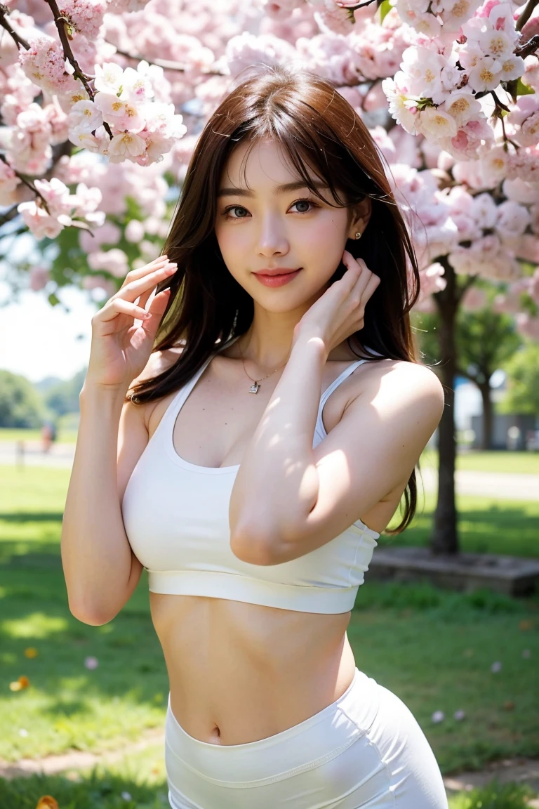 Save this image:1.2、Pale face and eyes:1.3、薄くてPale face and eyes:1.3, blue eyes:1.3、{highest quality,HDR}, {{masterpiece}}, {Very delicate and beautiful}, Extraordinary light and shadow, Highly detailed wallpaper, Sunny and bright, whole body, whole body、 1 girl, , blush:1.2、Shaggy blonde long hair:1.5 Cut your bangs evenly at eyebrow height.:1.5、Strong sunlight, (Black sports bra、Yoga Leggings)、 Delicate Hair,Realistic skin texture, B cup breasts、Visible wrinkles on the skin., Broad shoulders:1.2, ((A strong light shines on your face:1.5)), color々Strike a Pose:1.5, necklace、ring、earrings、(歯を見せたsmile:1,5)、smile:1.5、Background of a park with cherry blossoms in full bloom:1.5, Ray Tracing、ヨガマットの上でヨガのcolor々A woman doing a pose, Attractive yoga poses, Features of a smooth body, Cottagecore!! Fitness Body, Graceful figure, Zia, whole bodyポーズ, Perfect Dynamic Posture, confident action pose, With natural light as a background, Small waist, Dynamic sitting pose, Jimin, dynamic movement pose, whole bodyに焦点を当てる、(((Yoga Tree Poses)))