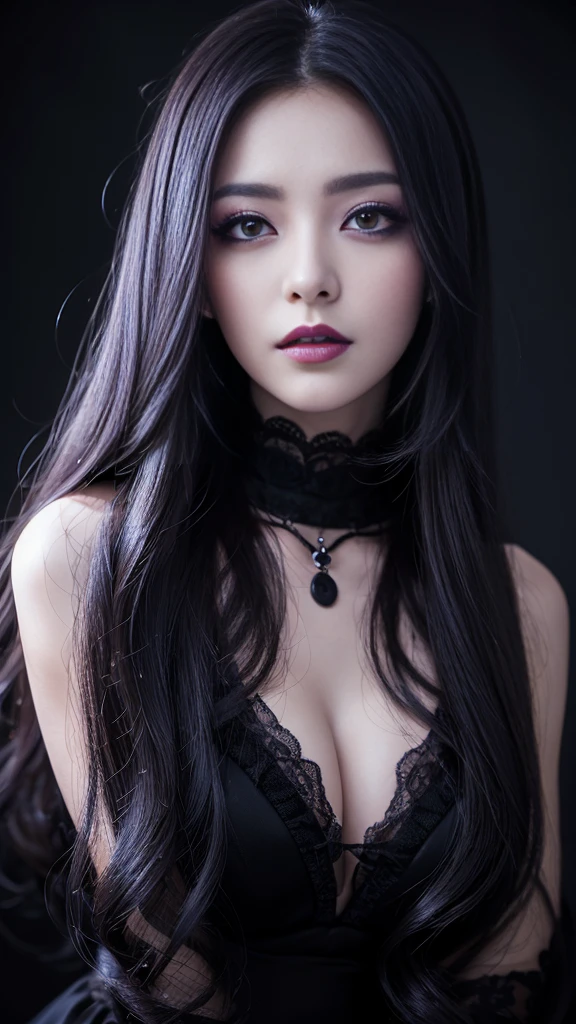 Makeup artist does makeup for celebritieasterpiece:1.2), highest quality, masterpiece, High resolution, original, Highly detailed wallpaper, Perfect lighting,(Highly detailed CG:1.2)highest quality、masterpiece、8k、Award-winning works、Hyperrealism、Vampire Princess、、Photographing faces with beautiful composition、The most detailed and beautiful face、Cold look、look at me、Long eyelashes、Creepy Makeup、Black lipstick、purple eye shadow、Beautiful glossy lips、highest qualityのウルトラHDスキン、The most detailed eyes、High quality black camisole、Pitch black background、dark、Beautiful long hair、Intermediate photoid-shot photo、One Woman、