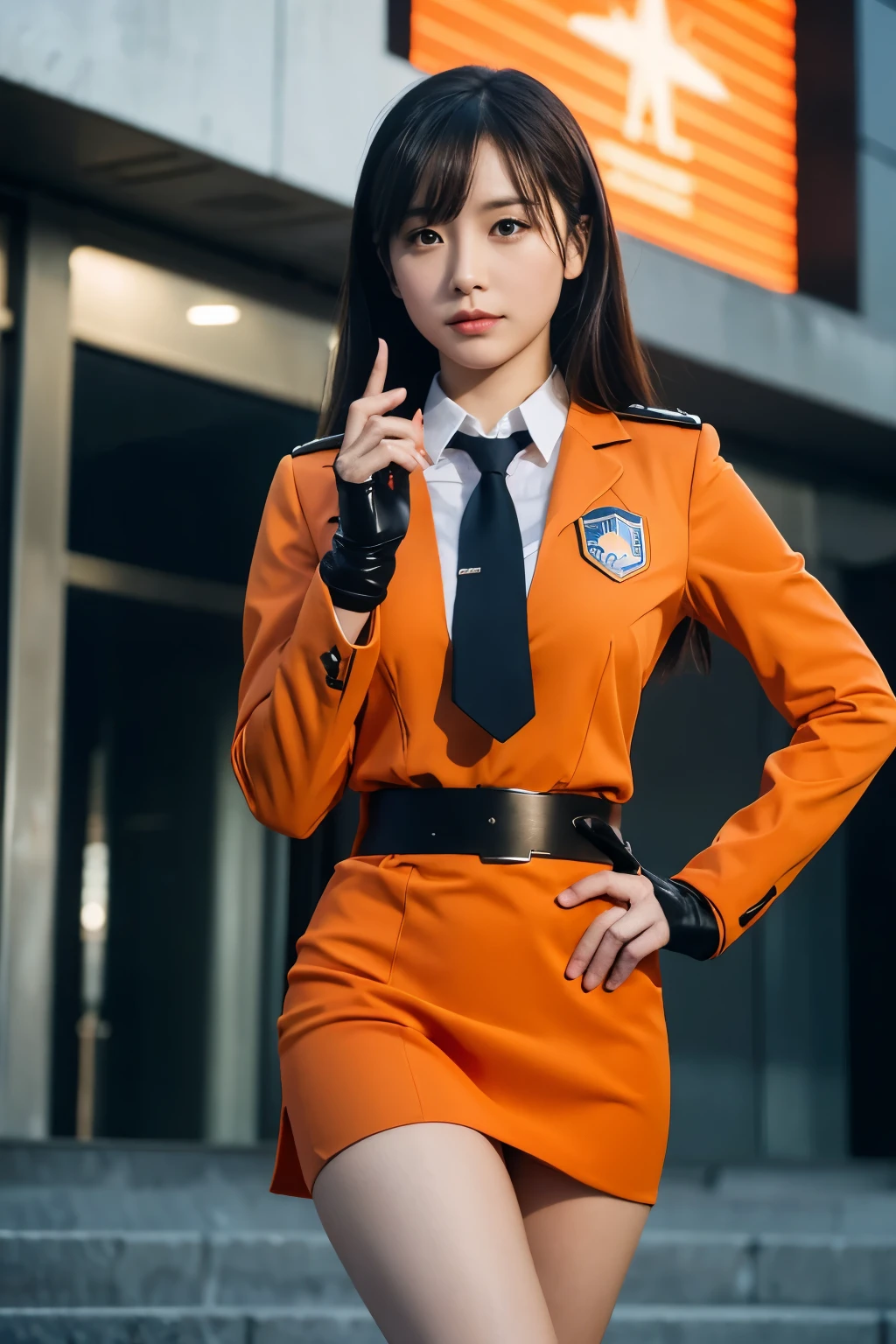 A female member of the Scientific Special Investigation Team that appears in Ultraman wears the uniform of the Special Scientific Investigation Team, is a member of the Special Scientific Investigation Team, her uniform is orange with a red tie, the meteor-shaped emblem on her collar is a communication device, a helmet, Female member of the Special Forces, black gloves, orange skirt, black handgun holster on waist, dynamic pose, outdoors, built-up area, background blurred