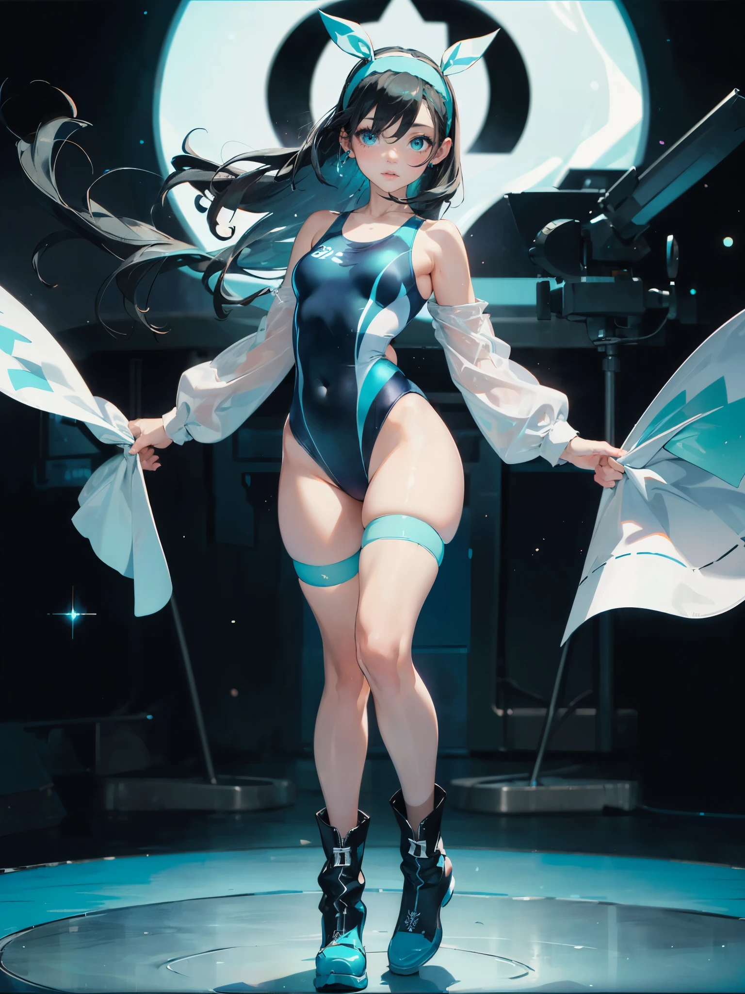 (maximum resolution: 1.2), (ultra high definition:1.2), cinema light, 8K resolution, fine eyes and skin, detailed face, perfect style, cute face, Accurate, anatomically correct, Highly detailed face and skin texture, beautiful and meticulous droopy eyes, , (black hair:1.5), long hair, parted bangs, blue eyes, (white hairband:1.5), (long sleeves one-piece patternless dark cyan swimsuit:1.5), (boots:1.5), standing sexy pose, (by the universe:1.5)