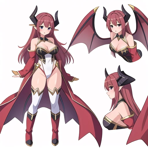 masterpiece, best quality, adult woman, solo, high fantasy costume, ((white background)), full body, multiple views, boots, leotard, succubus, horn,