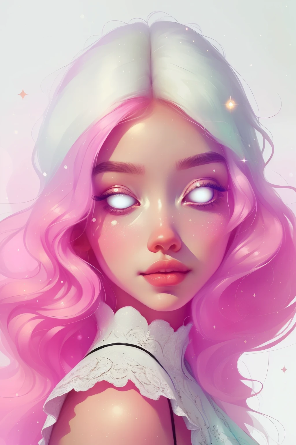 (This is a beautiful fantasy image that feels interesting and emphasizes glitter and iridescence.) Generate a ((blind)) curvy woman with colorful curly hair and milky white eyes. Her face is important and is perfectly formed with puffy lips and perfect features. (Her eyes are critically important and are (blank) and (solid white)). The image exudes ethereal beauty and soft fantasy. Include sweet and detailed birds and soft, luminous flowers. The image's background is decorated in shades of pink, shimmer, glitter, and fantasy details like colored bubbles and cosmos. Utilize dynamic composition to create a compelling and action-packed image. Dramatic lighting and cinematic lighting enhance the woman's beauty and the soft colors in the artwork. Include fantasy, cute, colorful, colourful, interesting magic background, ((((blank eyes)))), ((((empty white eyes)))), (shirome eyes:1.3), (smirking), (perfectly rendered solid whiteeyes), ((short neck))