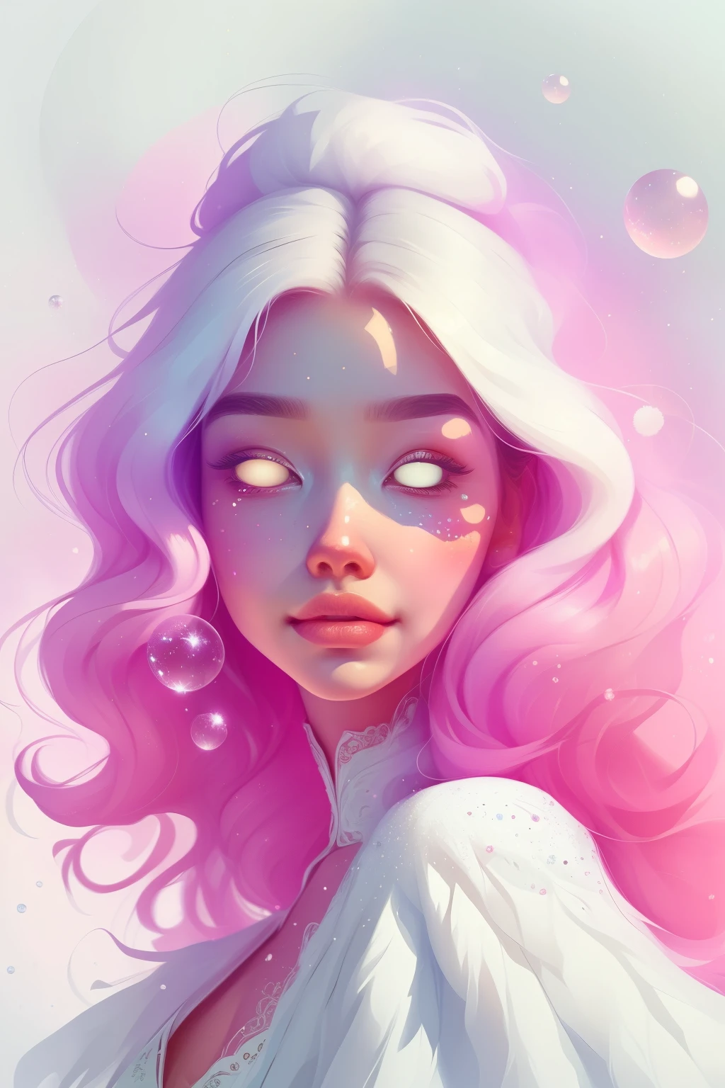 (This is a beautiful fantasy image that feels interesting and emphasizes glitter and iridescence.) Generate a ((blind)) curvy woman with colorful curly hair and milky white eyes. Her face is important and is perfectly formed with puffy lips and perfect features. (Her eyes are critically important and are (blank) and (solid white)). The image exudes ethereal beauty and soft fantasy. Include sweet and detailed birds and soft, luminous flowers. The image's background is decorated in shades of pink, shimmer, glitter, and fantasy details like colored bubbles and cosmos. Utilize dynamic composition to create a compelling and action-packed image. Dramatic lighting and cinematic lighting enhance the woman's beauty and the soft colors in the artwork. Include fantasy, cute, colorful, colourful, interesting magic background, ((((blank eyes)))), ((((empty white eyes)))), (shirome eyes:1.3), (smirking), (perfectly rendered solid whiteeyes), ((short neck))