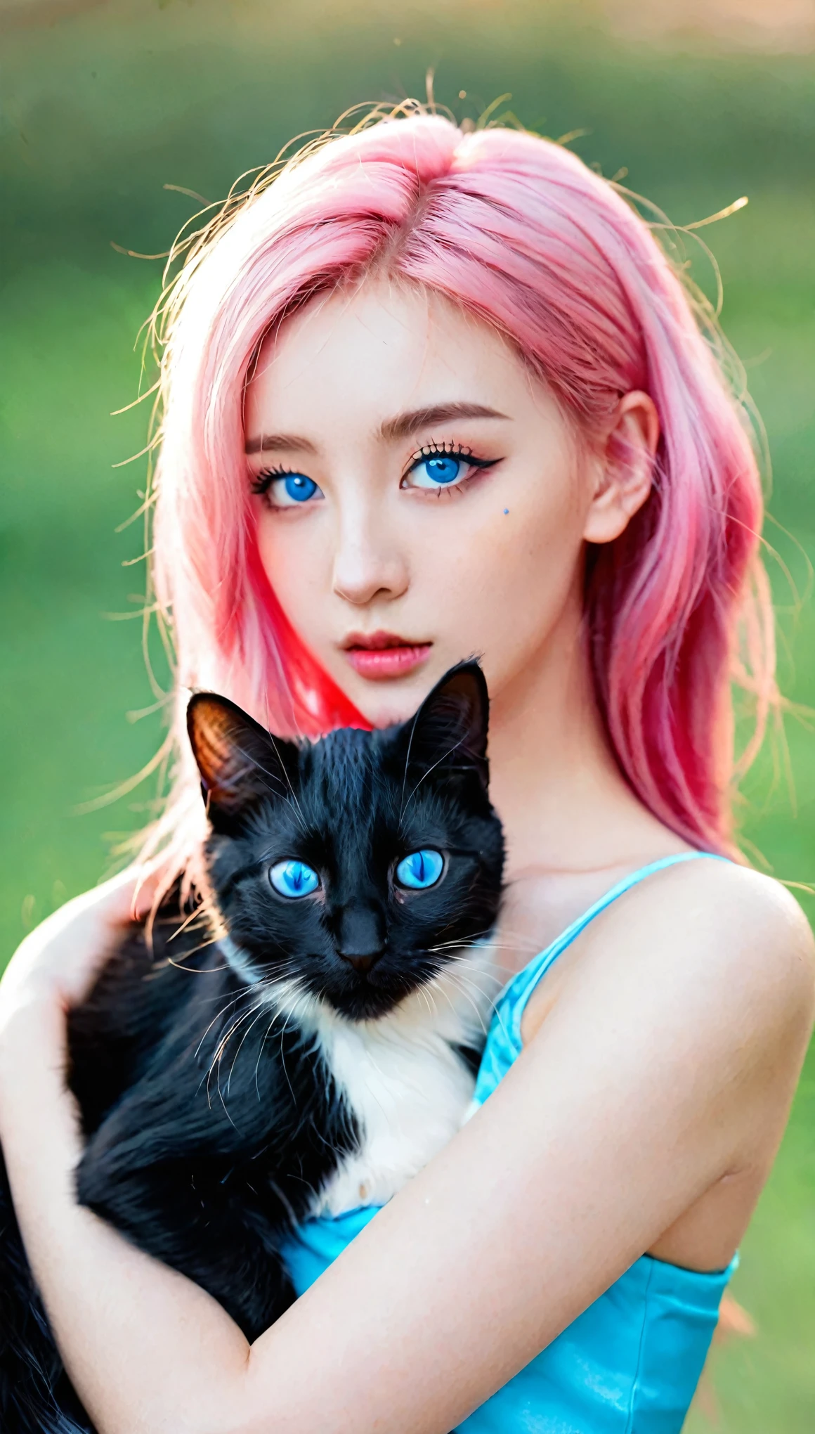 Girl with cat, Black Cat, Pink Hair,Blue Eyes, avatar
