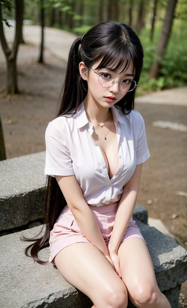 Masterpiece, perfect facial features, highly detailed face, highly detailed, 1 gir solo, 20 years old woman, eye glasses, top view shots, abandoned building at the background, sitting on bench, twintails hair, white short sleeve, cleavage, mini skirt, thighs, knees,