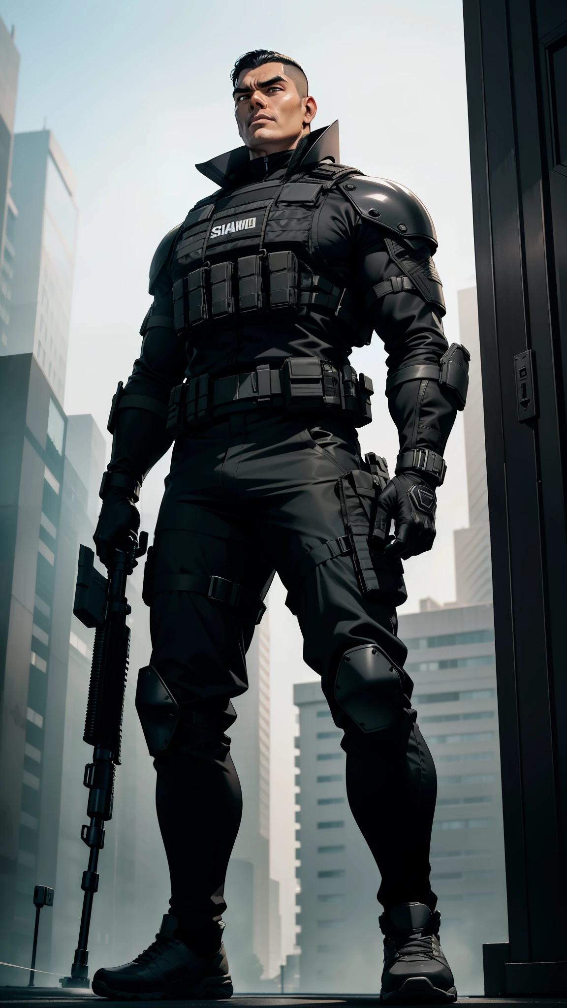 In the heart of bustling Jakarta, amidst a backdrop of an asthetically gray industrial landscape, stands an Indonesian man of 25, his clean white skin illuminating under the soft glow of fluorescent lights. This towering figure, his rather full body and rather tall stature adding to his imposing presence, boasts an oval face framed by two blocks of glossy, black hair.
He is dressed in a sleek black camouflage uniform, complemented by a steel tactical vest that shimmers faintly under the dim light. The gray camouflage pants with black stripes along the sides add a sense of covert stealth to his overall