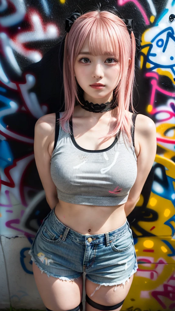 muste piece, best quality, illustration, Super detailed, fine details, High resolution, 8K,wall paper, perfect dynamic composition,(Details High quality, realistic depiction of eyes:1.3), facial features, crop top, denim shorts, choker, (graffiti:1.5), paint splatter, arms behind back, against wall, looking at viewer, armband, thigh strap, paint on body, head tilt, ponytail, pink hair color, Big Natural Color Lip, perfect body shape, sexy pose, crying a little、cold gaze, Harajuku style、20 year old girl、cute type、ta, hposing Gravure Idol, full body photo、focus on crotch, huge breasts, (standing)