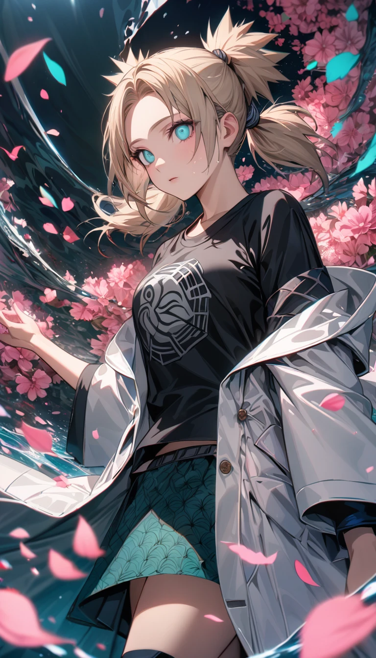 Ultra detailed, Highres, absurdres, HDR, Temari, ash blond hair tied in four spiky ponytails, expressive teal eyes, white long coat with patterns, Naruto Shippuden, pink flowers, petals, extremely beautiful, woman, solo, very detailed eyes and face, water, pink butterflies, black t-shirt, master piece,