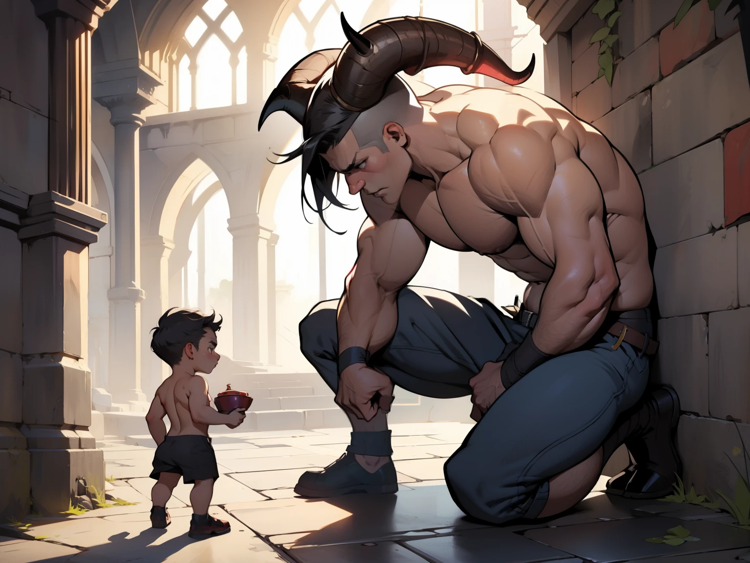 Solo, 1boy, Toddler Dwarf, Devil horn, Toddler demon, Full body, Lean, Big eyes, Standing, Pushing wall, Topless, Gray underwear, kneeling, knees on ground, Side view