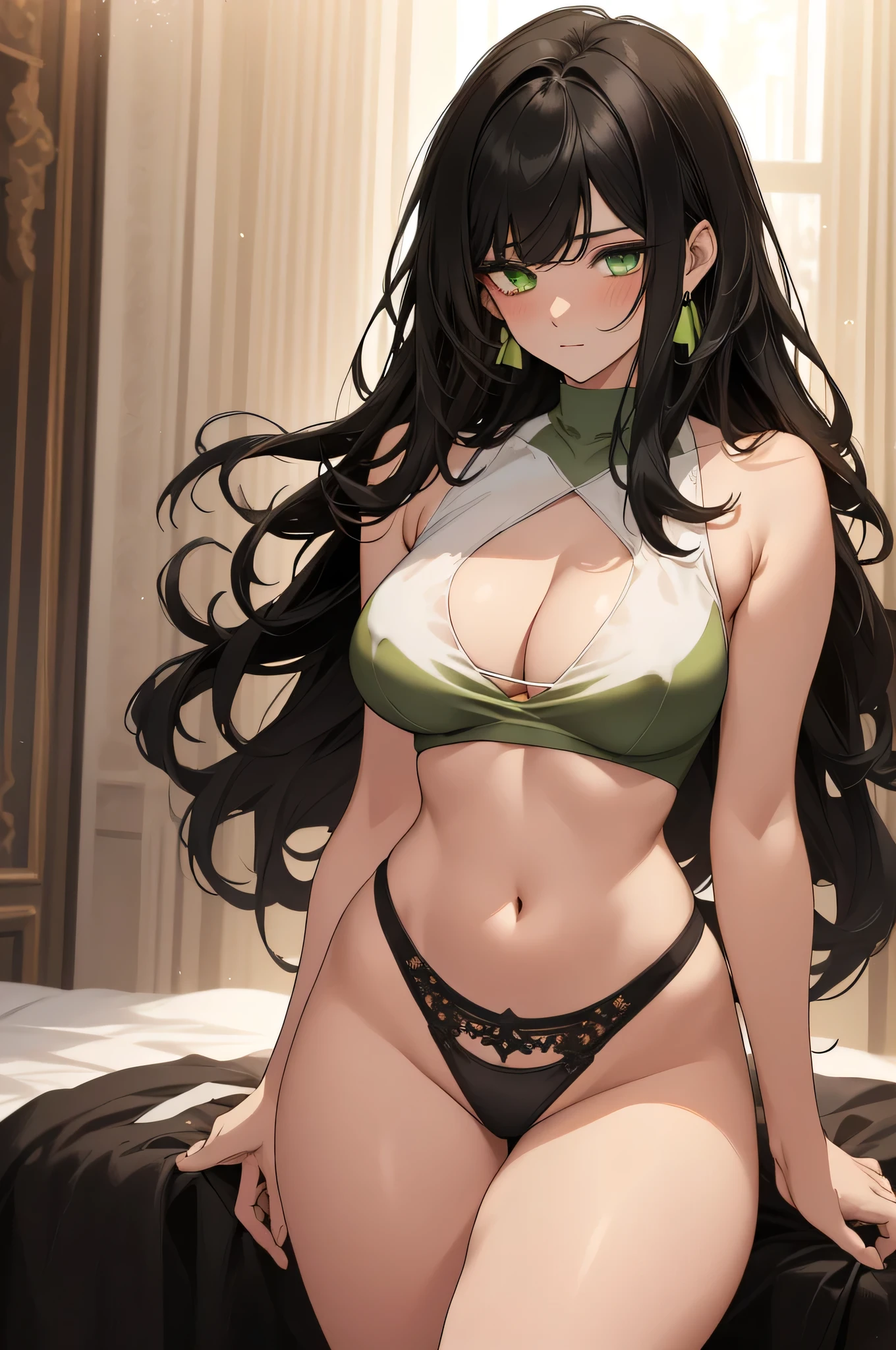 (top quality, masterpiece, high quality, ultra-delicate), ((beautiful girl)), ((Dark black hair)), sexy mature, graceful curves, wide hips, (long hair, long bangs), ((bright green eyes)), sleeveless, detailed eyes, bangs, ((loose white crop top, and Black thong)), large breast and chest, nipple, small blush, in a bedroom, ((thick thighs and hips)), breast, thick butt, green earrings, no halter, cleavage.