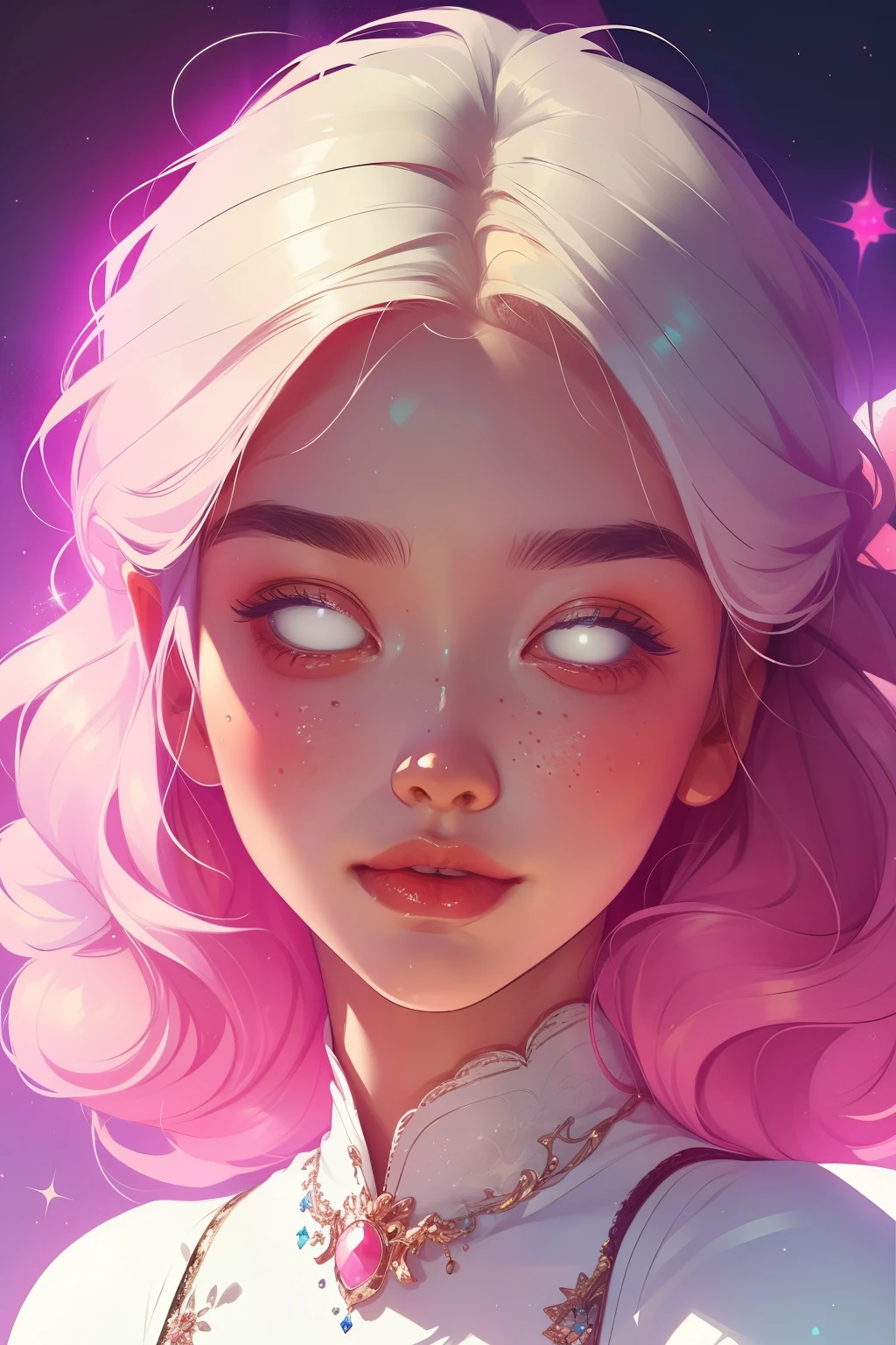 (This is a beautiful fantasy image that feels interesting and emphasizes glitter and iridescence.) Generate a ((blind)) curvy woman with colorful curly hair and milky white eyes. Her face is important and is perfectly formed with puffy lips and perfect features. (Her eyes are critically important and are (blank) and (solid white)). The image exudes ethereal beauty and soft fantasy. Include sweet and detailed birds and soft, luminous flowers. The image's background is decorated in shades of pink, shimmer, glitter, and fantasy details like colored bubbles and cosmos. Utilize dynamic composition to create a compelling and action-packed image. Dramatic lighting and cinematic lighting enhance the woman's beauty and the soft colors in the artwork. Include fantasy, cute, colorful, colourful, interesting magic background, ((((blank eyes)))), ((((empty white eyes)))), (shirome eyes:1.3), (smirking), (perfectly rendered solid whiteeyes), ((short neck))