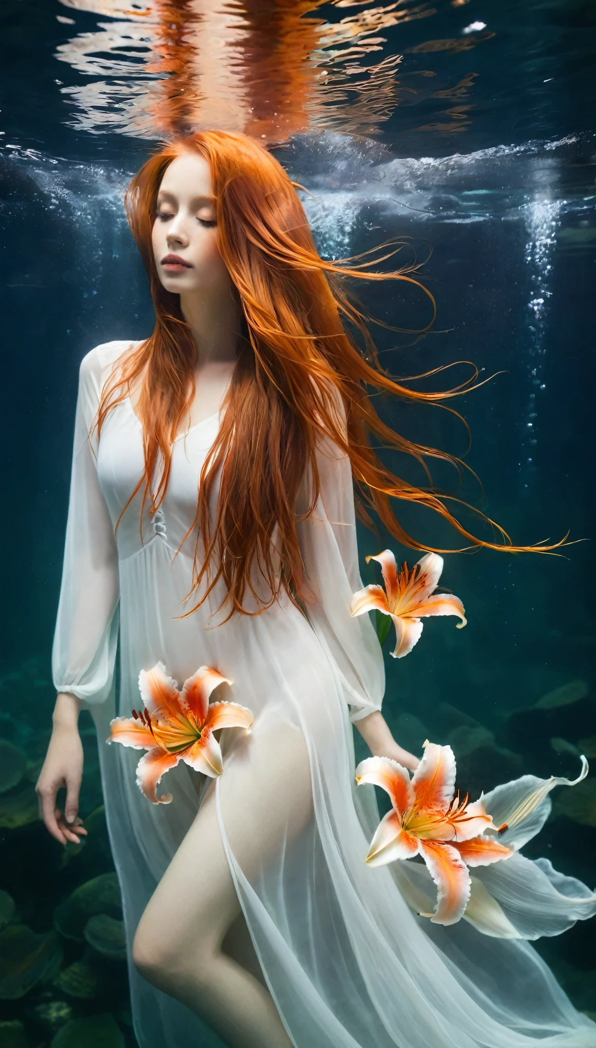 naked girl underwater, long red flowing hair, Angel wings, orange-yellow and white lily flowers