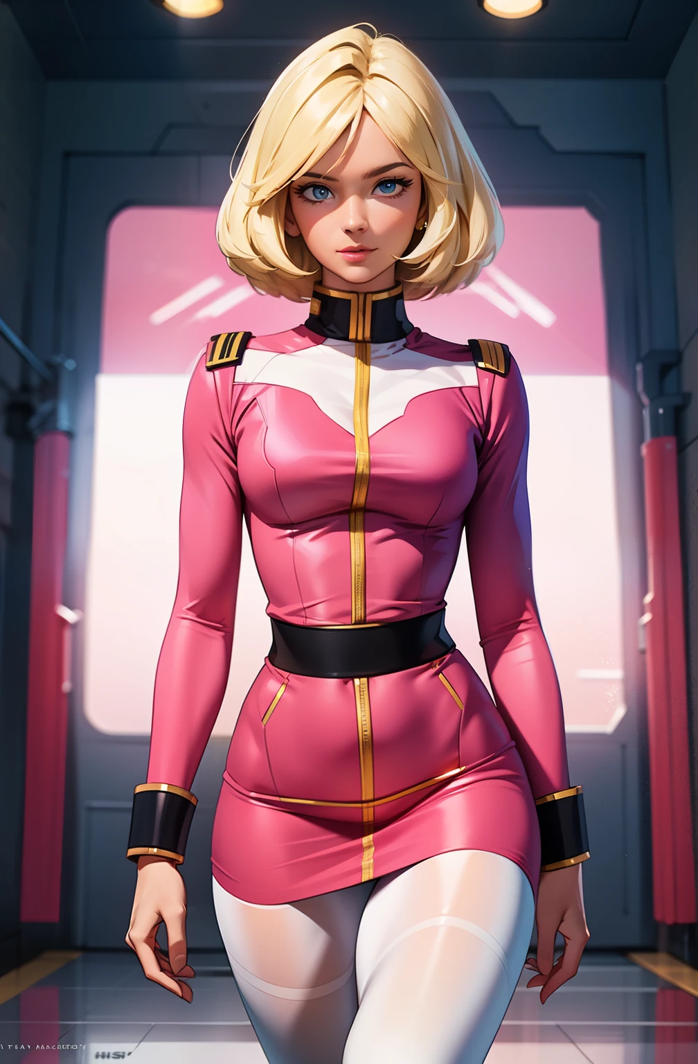 ((masterpiece)), ((cinematic lighting)), realistic photo、Real Images、Top image quality、1girl in, sayla mass, Elegant, masterpiece, Convoluted, slim arms, wide hips, thick thighs, thigh gaps, Best Quality, absurderes, high face detail, Perfect eyes, mature, Cowboy Shot, , Vibrant colors, soft pink uniform, soft pink Skirt, white tights