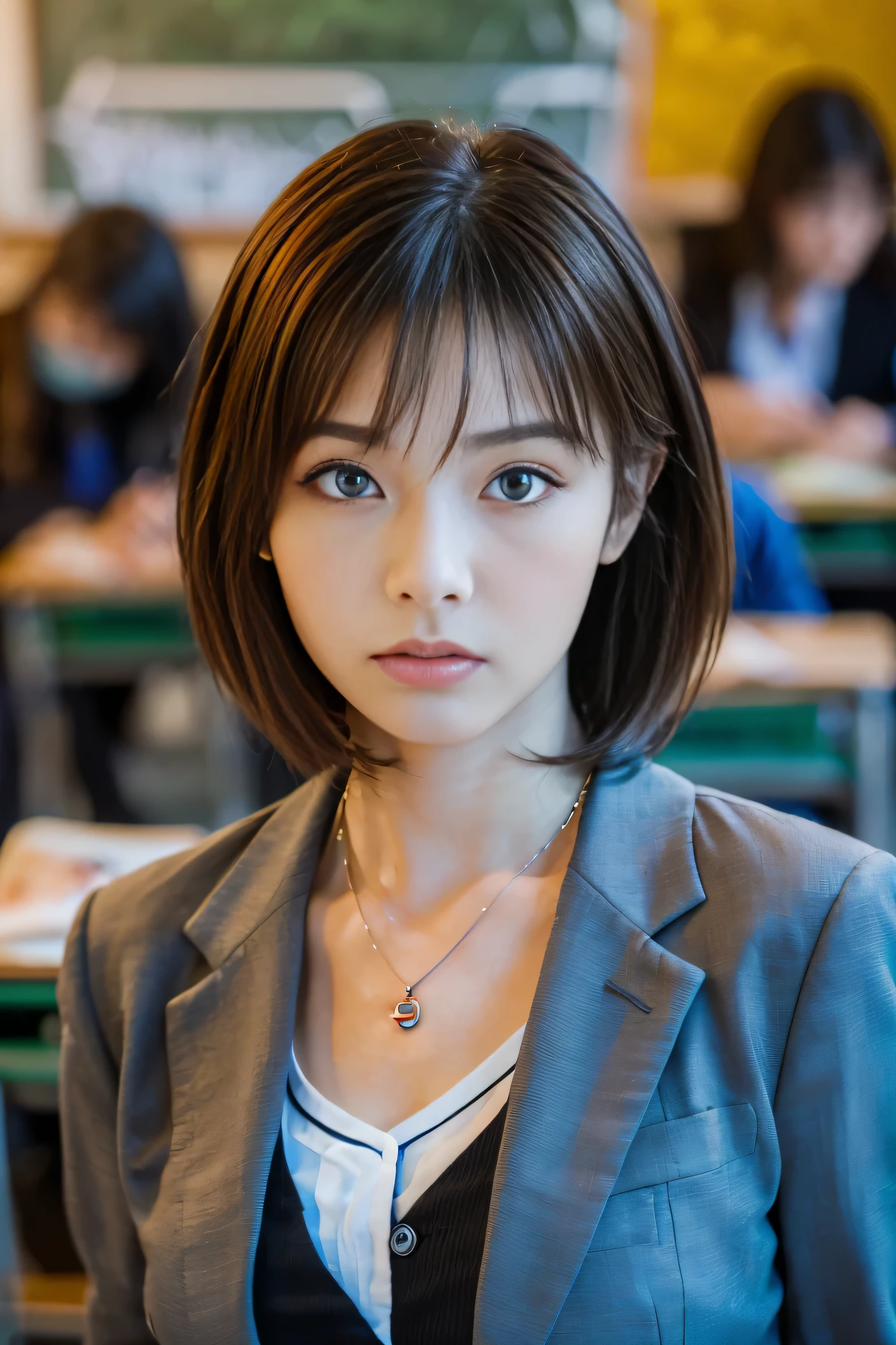 (18 year old female teacher:1.5)、(Teaching in a classroom:1.5), (Teaching something to students:1.2)、(Angry with a fierce face:1.5)、(The best quality at its best:1.4), (Super detailed), (Very detailed CG unified 16k), Beautiful woman with perfect figure: 1.4, Sharp focus: 1.2, Very detailed, High-quality RAW color photos, Professional photography, Great face and eyes, cosmetics, (Amazingly beautiful girl), ((In a suit:1.5)), Sexy posture,(View from below), Realistic movie faces, Wide zoomed out view of head to foot length, Full body long view, Realistic, ((Realistic natural orange red hairstyle, Realistic blue eyes)), ( Short Bob Hair:1.5), (necklace:1.5)、, Very beautiful face, Perfect model beauty, Mouth swelling, Highly detailed face and skin texture, Fine grain, double eyelid, Medium chest, (masterpiece), highest quality, High resolution, Very detailed, Blurred Background, Depth of written boundary, Cinema Lighting, Great legs, , Clear, well-maintained skin, (((Women make up the majority of the photo)))