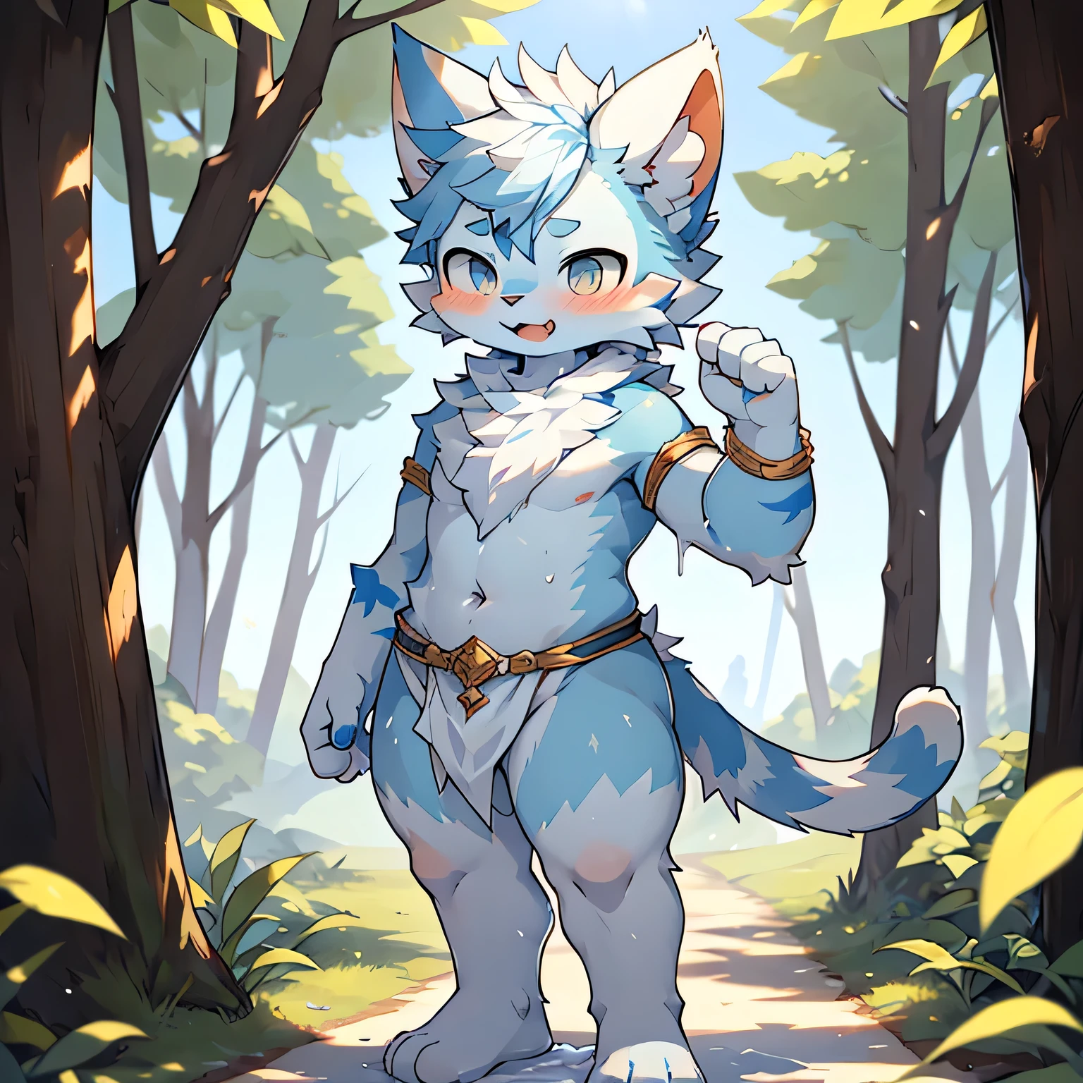 The only person，(Male cats:1.5), (blue skin:1.3), hairy，(Light blue fur:1.3),((Golden pupils)) ,(White ears),(hairy animal ears)，（White liquid in mouth），Covered with hair，Wear adventurer's clothes，Standing in the forest，There is a lot of white sticky liquid all over the body，The hair was wet with white liquid，saliva，Fine hair，Front view，Very shy expression，blush，daytime，Full body portrait，There is a lot of white fluid on the face，Standing posture，There is a lot of white fluid on the hair，Legs open，It's covered in white liquid，Perfect sunshine，There is a lot of white liquid under the feet，Naked upper body