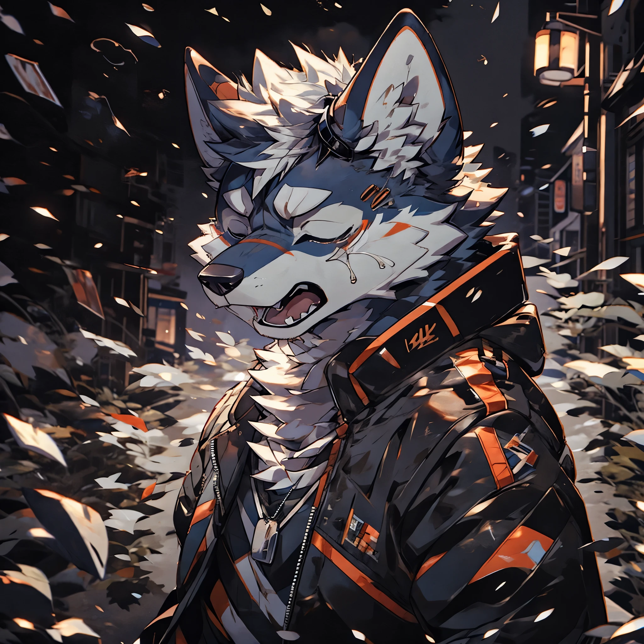 masterpiece,High quality,furry,husky,bule fur,male,cry,shout,(close your eyes tightly),open mouth,whole body,One person,cyber punk,dog tag,jacket,night,rain,city,