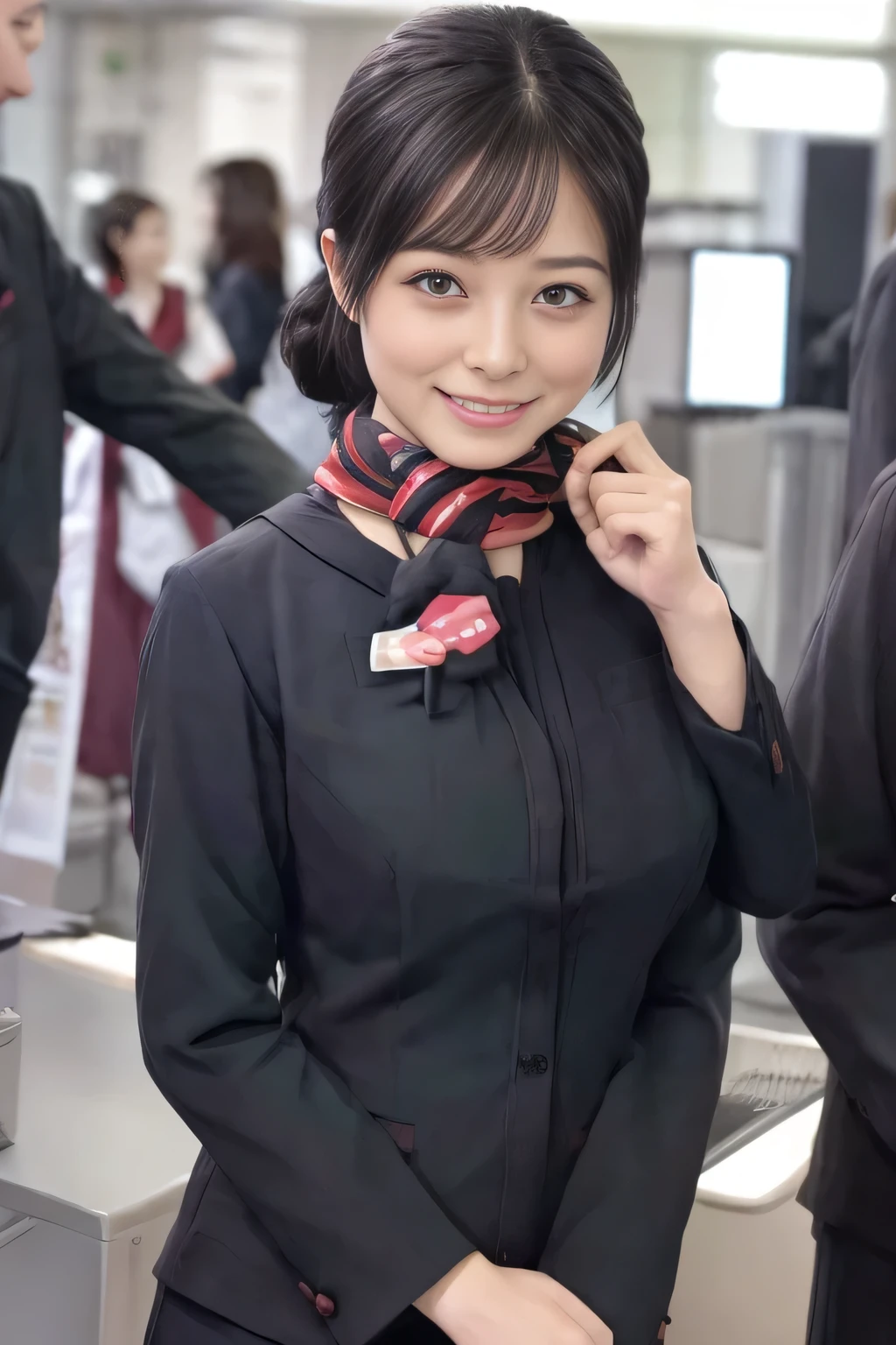 (masterpiece:1.2、highest quality:1.2)、32K HDR、High resolution、(alone、1 girl、Slim figure)、（A realistic style wearing the JAL cabincrew uniform）、 (At the airport counter, Professional Lighting)、A proper woman, Beautiful Face,、（Black JAL cabincrew uniform）、（Long sleeve JAL cabin crew uniform）、（Scarf around the neck）、Big Breasts、（Long hair updo、Chignon）、Dark brown hair、Long Shot、（（Fine hand：2.0））、（（Harmonious body proportions：1.5））、（（Normal limbs：2.0））、（（Normal finger：2.0））、（（Delicate eyes：2.0））、（（Normal eyes：2.0））)、Beautiful standing posture、smile