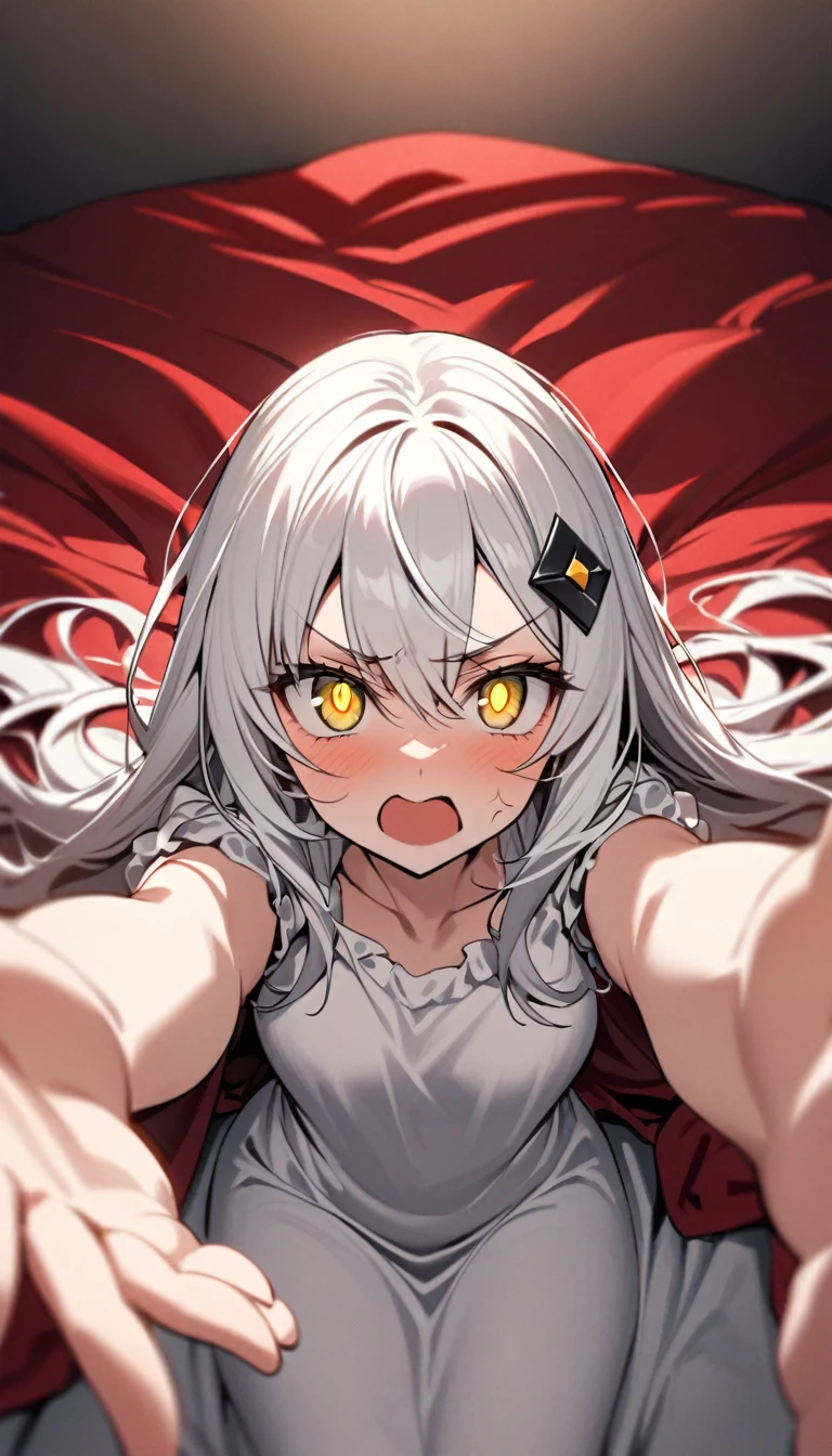 A woman, flowing white hair, melancholy eyes, yellow pupils, black diamond-shaped hairpin, Tiny feathers are dancing, angry, arm support, arms up, incoming hug, pov, reaching, reaching towards viewer, looking at viewer, She is sitting on a super huge red silk soft duvet.