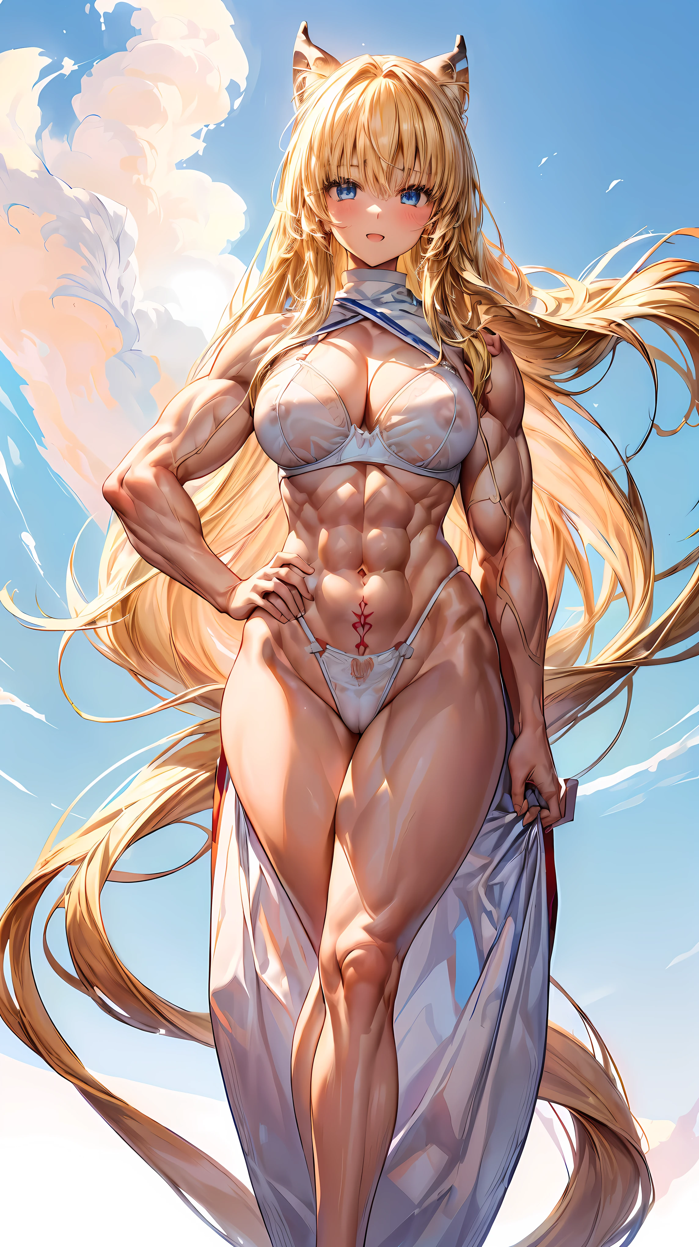 Very detailed、highest quality、Best image quality、masterpiece、8k、Anime Face、A kind smile、(Open your mouth:1.3)、Sparkling blue eyes、(Blonde semi-long hair:1.5)、(Muscles of the whole body:1.3)、(highleg:2.0)、Thigh belt、(Cowboy Shot:1.5)、(SFW Giant)、(Thick body:1.2)、(bra:1.5)、(sxspnts)、(Hands on hips:1.1)