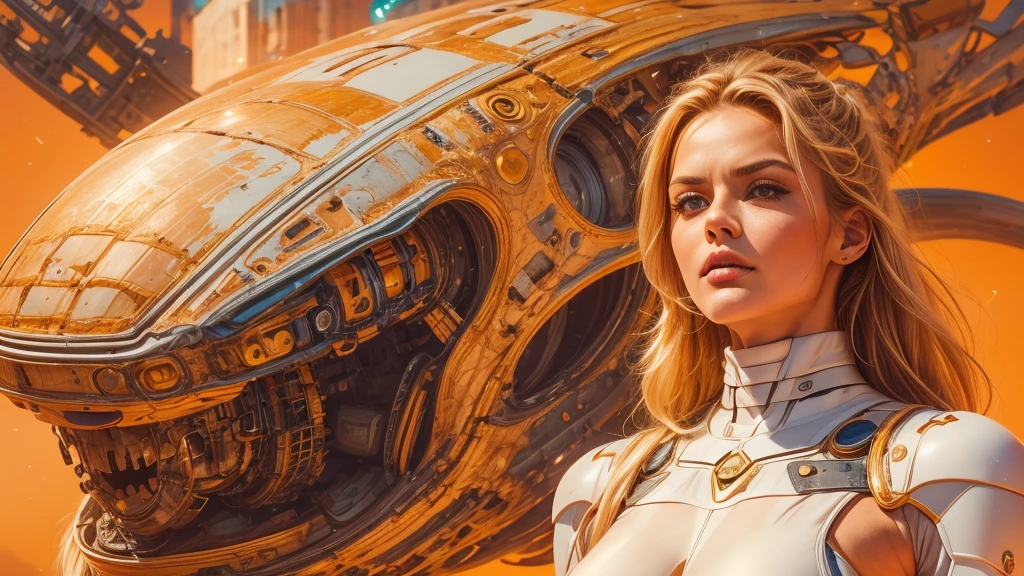 arafed image of a white woman in a futuristic suit with a spaceship in the background, movie art, in front of an orange background, inspired by Robert McGinnis, female protagonist, megastructure in the background, portrait of an ai astronaut, astronauts, an astronaut, portrait of a astronaut skeletor, perfect android girl, detailed eyes, perfectly detailed teeth, frank franzzeta and sakimichan  