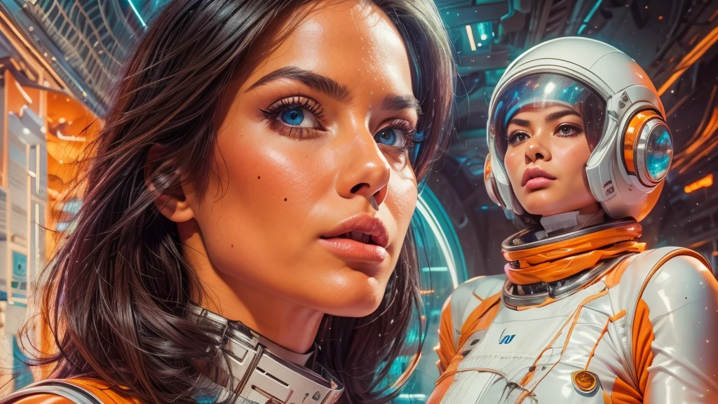 arafed image of a white woman in a futuristic suit with a spaceship in the background, movie art, in front of an orange background, inspired by Robert McGinnis, female protagonist, megastructure in the background, portrait of an ai astronaut, astronauts, an astronaut, portrait of a astronaut skeletor, perfect android girl, detailed eyes, perfectly detailed teeth, frank franzzeta and sakimichan