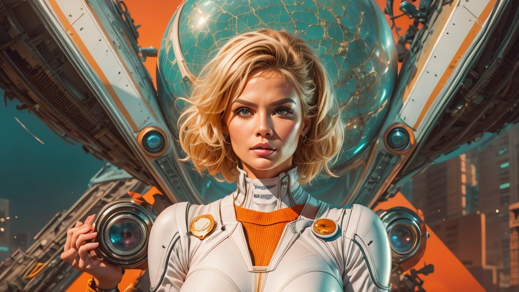 arafed image of a white woman in a futuristic suit with a spaceship in the background, movie art, in front of an orange background, inspired by Robert McGinnis, female protagonist, megastructure in the background, portrait of an ai astronaut, astronauts, an astronaut, portrait of a astronaut skeletor, perfect android girl, detailed eyes, perfectly detailed teeth, frank franzzeta and sakimichan