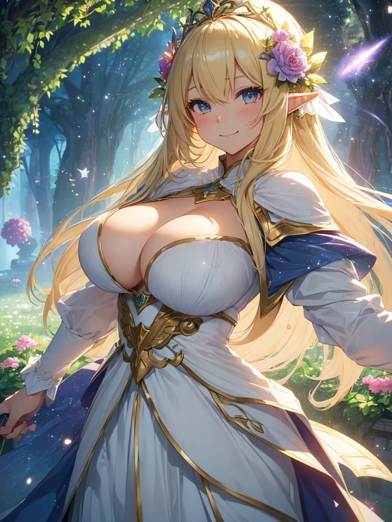 Blonde hair and blue eyes　Long Hair　Elf　Big Breasts　Dark blue scoop water　Embarrassing　Erotic　blush　Large Breasts　Beauty　cute　Highest quality　Dark blue stockings　in the forest　naked　Touching the chest