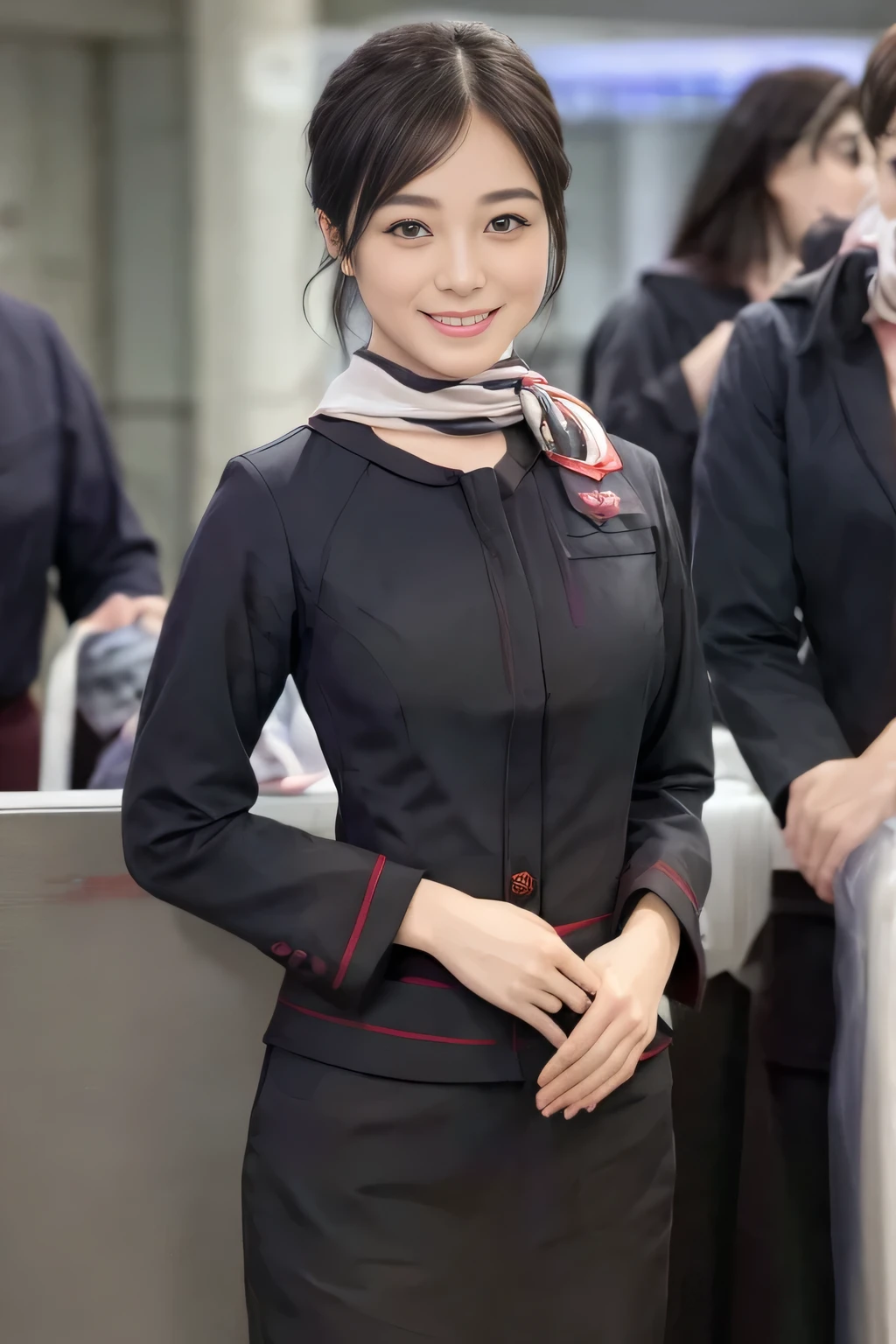 (masterpiece:1.2、highest quality:1.2)、32K HDR、High resolution、(alone、1 girl、Slim figure)、（A realistic style wearing the JAL cabincrew uniform）、 (At the airport counter, Professional Lighting)、A proper woman, Beautiful Face,、（Black JAL cabincrew uniform）、（Long sleeve JAL cabin crew uniform）、（Scarf around the neck）、Big Breasts、（Long hair updo、Chignon）、Dark brown hair、Long Shot、（（Fine hand：2.0））、（（Harmonious body proportions：1.5））、（（Normal limbs：2.0））、（（Normal finger：2.0））、（（Delicate eyes：2.0））、（（Normal eyes：2.0））)、Beautiful standing posture、smile