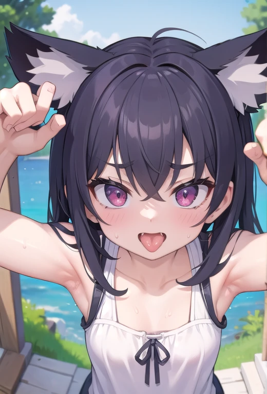 masterpiece,16k,8k,Delicate expression,highest quality,high resolution,High resolution,Sweat,1girl,look at viewer,evil smile,sweat stains,fish eye lens,close up face,summer,front face,from above,(pov:1.4),fisheye lens,paw pose,upper body,show your oral,open mouth,long tongue out,show off armpits,sleeveless
