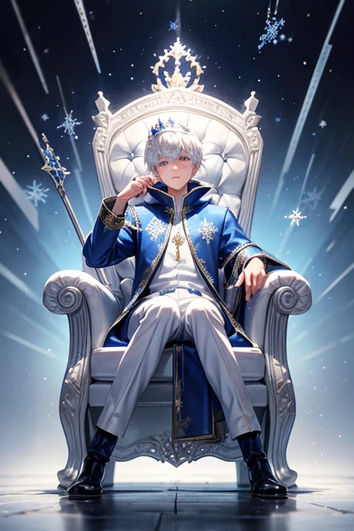 Jack Frost, 18 year old boy dressed in blue medieval prince costumes with white snowflake prints, white pants, black shoes, blue boots, white hair, prince crown, throne room background