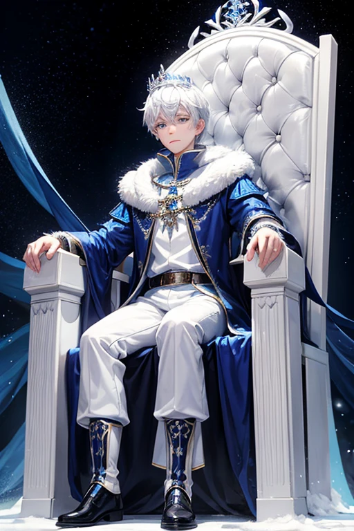 Jack Frost, 18 year old boy dressed in blue medieval prince costumes with white snowflake prints, white pants, black shoes, blue boots, white hair, prince crown, throne room background