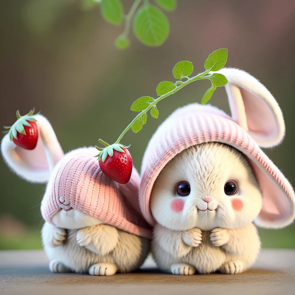 : 3. Rabbit, Realistic, Hairy, Animals in clothes, apple, Bear, blush, cherry, food, fruits, whole body, Have, Non-human, strawberry, tomato, watermelon