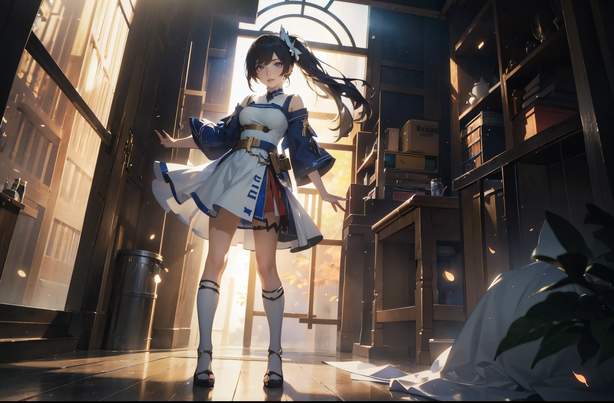 NSFW, (Official art, Best Quality, Unity 8k Wallpapers, 32K, masterpiece, ultra-detail art, super high resolution, realistic, Photo realistic:1.2), (natural soft light:1.2), Fire glow effect, film grains, Best Shadows, side lights, (Ultra-detailed and complex 3D rendering), Detailed beautiful face and eyes, Sharp pupils, anime - style illustration of a woman in a blue and white outfit, official character art, trending on cgstation, e-girl, full body, female action anime girl, standing, from below,
