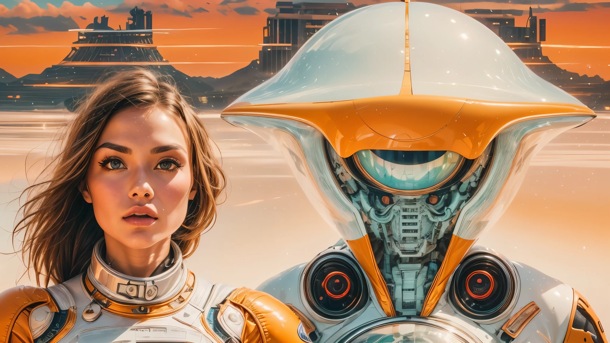 arafed image of a white woman in a futuristic suit with a spaceship in the background, movie art, in front of an orange background, inspired by Robert McGinnis, female protagonist, megastructure in the background, portrait of an ai astronaut, astronauts, an astronaut, portrait of a astronaut skeletor, perfect android girl, detailed eyes, perfectly detailed teeth, frank franzzeta and sakimichan  