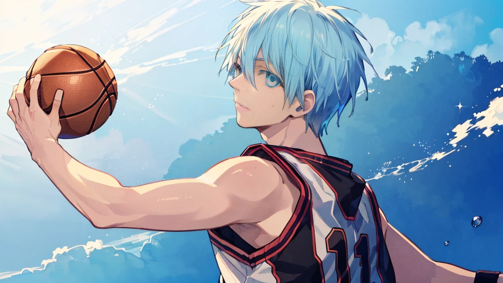 ((highest quality, super detailed,detailed eyes:1.3)),(((boy:1.2))),light blue hair,short,hair,light blue eyes,kuroko tetsuya,basketball uniform,(reach for the basketball,raise one arm:1.3),aqua( blue aura background:1.2),(basketball floating air:1.2),(from side,cowboy shot,face focus,looking forviewer:1.1)