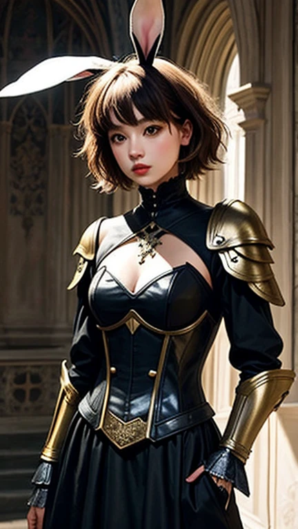 Cute rabbit wearing comic style armor  ，gothic masterpiece，Gorgeous clothes，There is a drop shoulder，There is leakage on the chest