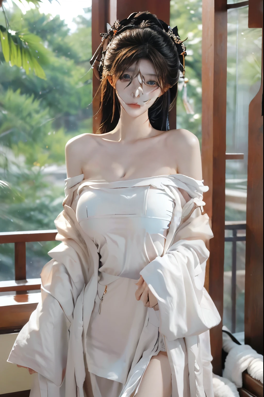 Beautiful woman with perfect body:1.4,Layered Hairstyle,Prominent cleavage,Highly detailed face and skin textures,Double eyelids,Skin Whitening,Long hair,Whitened long legs,(Black low-cut Hanfu)standing in living room