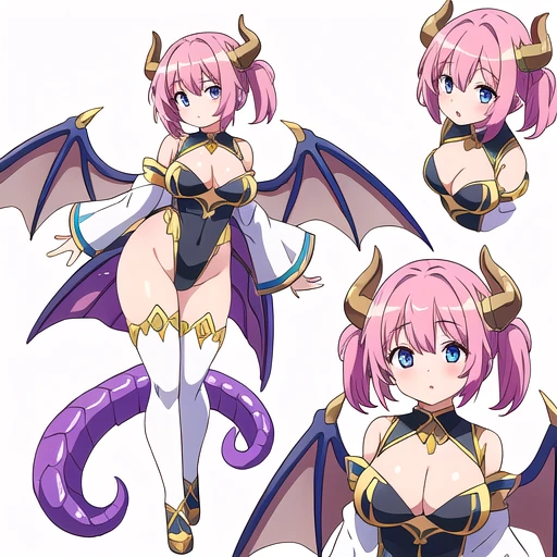 masterpiece, best quality, cute eyes, 1girl, solo, high fantasy costume, ((white background)), full body, multiple views, leotard, succubus, dragon horn, detached sleeves,