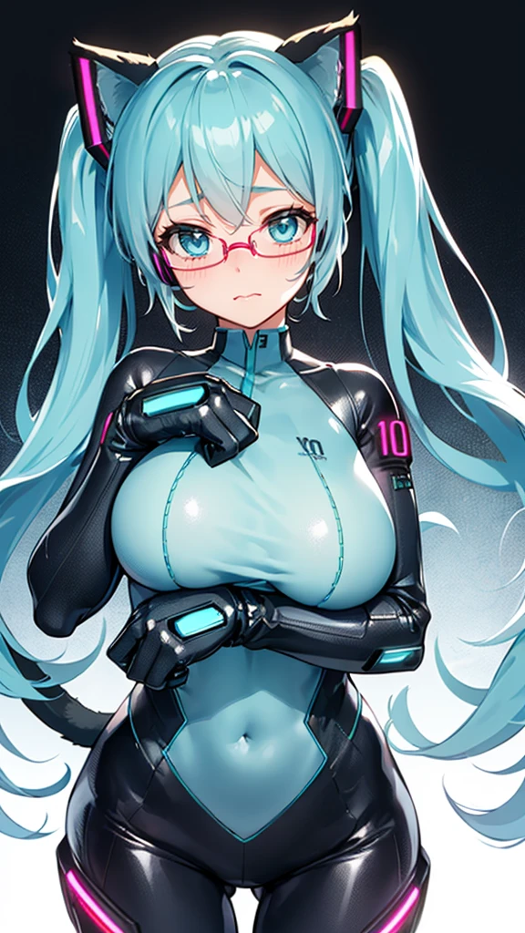 Hatsune Miku Vocaloid, Twin Tails, Light Blue Eyes, Light Blue Hair, Pichi Pichi Bodysuit, Cyber punk, Ultimate Physical Beauty, Beautiful Eyes, embarrassed look , ((Big Breasts)), 8K CG, Top Quality, Best Image Quality, 2D digital illustration, 1cute girl, cat ears, cat tail, 1 girl, glasses,